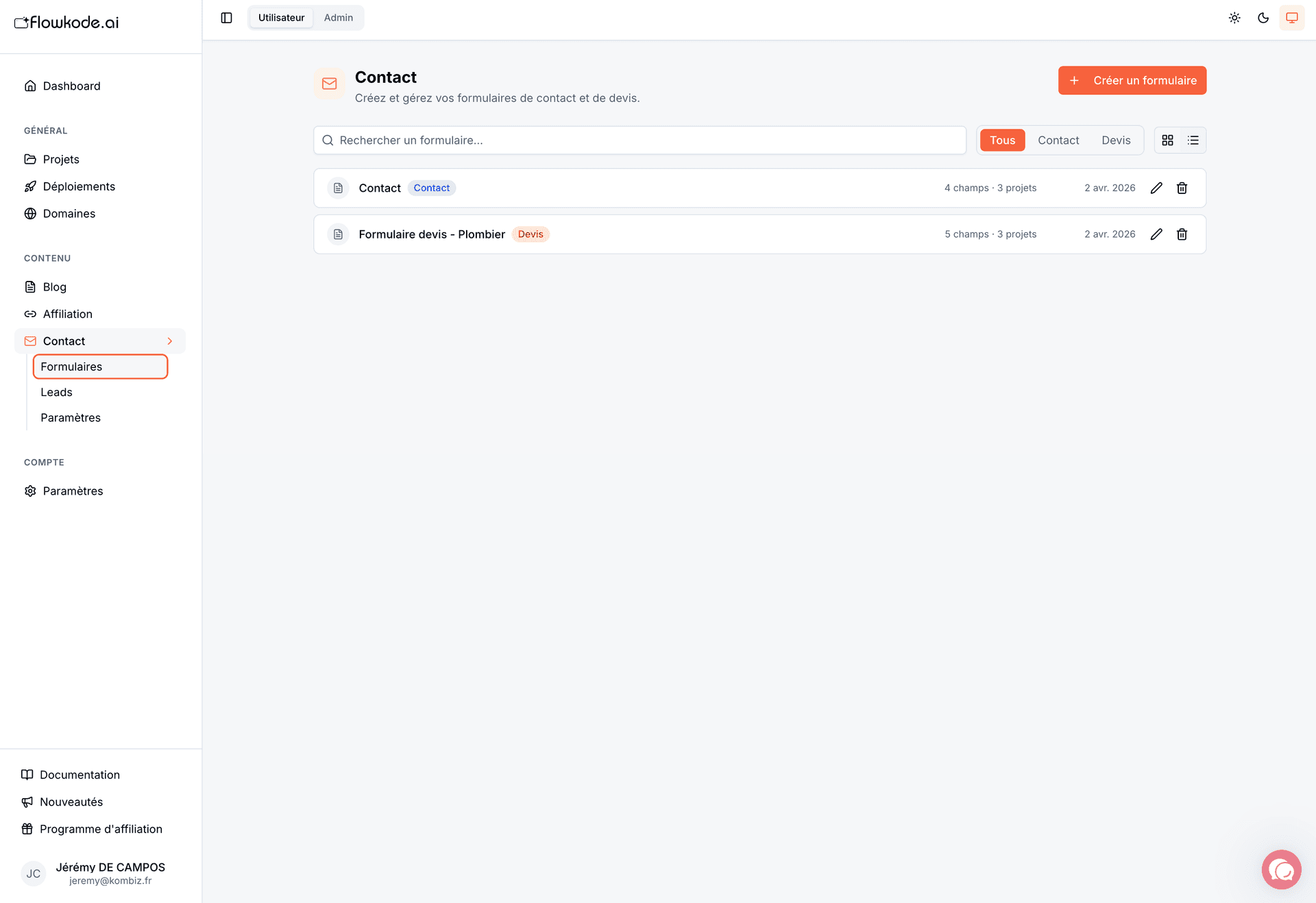 Formulaires et CRM intégré Flowkode avec gestion des leads